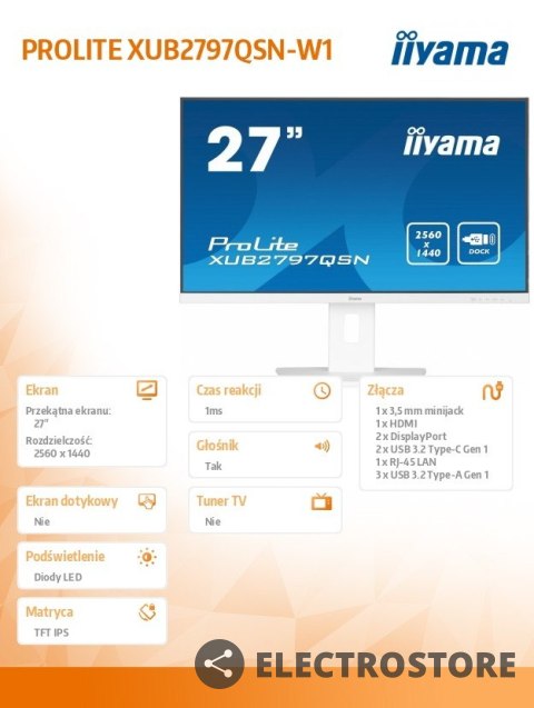 IIYAMA Monitor 27 cali XUB2797QSN-W1 IPS,QHD,USB-c Dock 65W,HDMI, WHITE /5y/ IIYAMA Monitor 27 cali XUB2797QSN-W1 IPS,QHD,USB-c Dock 65W,HDMI, WHITE /5y/