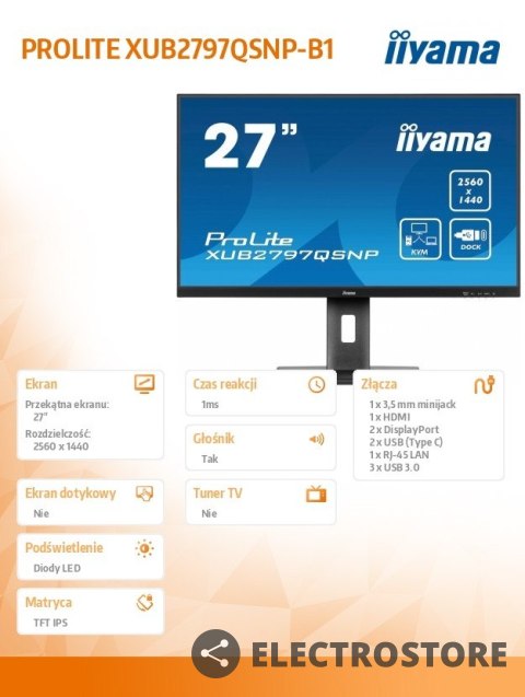 IIYAMA Monitor 27 cali XUB2797QSNP-B1,IPS,QHD,USB-c Dock,KVM,HDMI /5y/ IIYAMA Monitor 27 cali XUB2797QSNP-B1,IPS,QHD,USB-c Dock,KVM,HDMI /5y/
