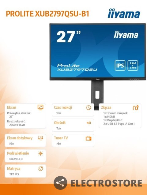 IIYAMA Monitor 27 cali XUB2797QSU-B1 IPS,HDMI,DP,100Hz,QHD,HAS(150mm),1ms, 2xUSB(3.2),2x2W,ADAPTIVE SYNC,FlickerFree /5y/ IIYAMA Monitor 27 cali XUB2797QSU-B1 IPS,HDMI,DP,100Hz,QHD,HAS(150mm),1ms, 2xUSB(3.2),2x2W,ADAPTIVE SYNC,FlickerFree /5y/