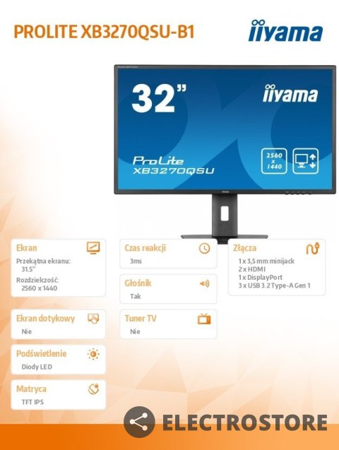 IIYAMA Monitor 32 cale XB3270QSU-B1 IPS,WQHD,HDMI,DP,100Hz,250cd,3ms,2x2W, 3xUSB(3.2),FlickerFree,VESA,HAS(150mm) IIYAMA Monitor 32 cale XB3270QSU-B1 IPS,WQHD,HDMI,DP,100Hz,250cd,3ms,2x2W, 3xUSB(3.2),FlickerFree,VESA,HAS(150mm)