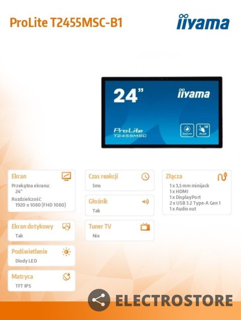 IIYAMA Monitor dotykowy 24 cale T2455MSC-B1 POJ.10PKT.IPS,HDMI,DP,USB3.0,CAM,MIC IIYAMA Monitor dotykowy 24 cale T2455MSC-B1 POJ.10PKT.IPS,HDMI,DP,USB3.0,CAM,MIC