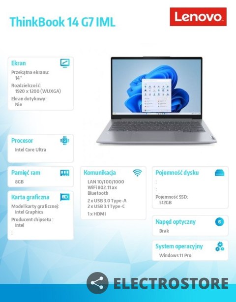 Lenovo Notebook ThinkBook 14 G7 21MR008JPB W11Pro Ultra 5 125U/8GB/512GB/INT/14.0 WUXGA/Arctic Grey/3YRS OS + CO2 Offset Lenovo Notebook ThinkBook 14 G7 21MR008JPB W11Pro Ultra 5 125U/8GB/512GB/INT/14.0 WUXGA/Arctic Grey/3YRS OS + CO2 Offset