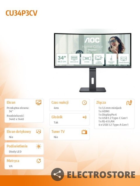 AOC Monitor CU34P3CV 34 cale 100Hz Curved VA HDMI DP USB-C AOC Monitor CU34P3CV 34 cale 100Hz Curved VA HDMI DP USB-C