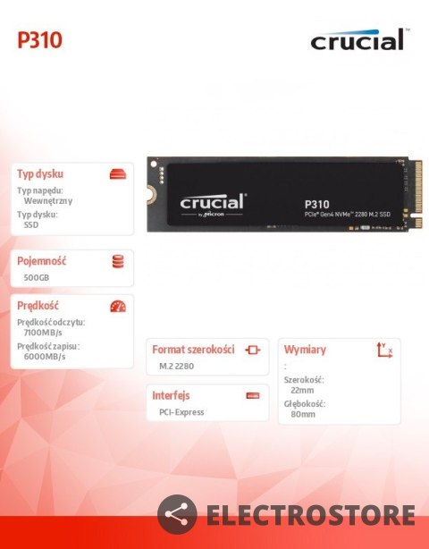Crucial Dysk SSD P310 500GB M.2 NVMe PCIe 4.0 2280 6600/3500 Crucial Dysk SSD P310 500GB M.2 NVMe PCIe 4.0 2280 6600/3500