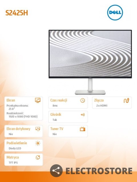 Dell Monitor 23.8 cala S2425H IPS LED 100Hz Full HD (1920x1080)/16:9/2xHDMI/Speakers/3Y Dell Monitor 23.8 cala S2425H IPS LED 100Hz Full HD (1920x1080)/16:9/2xHDMI/Speakers/3Y