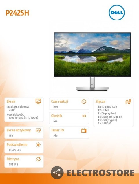 Dell Monitor 24 cale P2425H LED IPS 1920x1080/16:9/DP/VGA/HDMI/USB/3Y Dell Monitor 24 cale P2425H LED IPS 1920x1080/16:9/DP/VGA/HDMI/USB/3Y