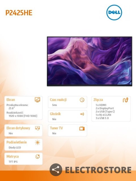 Dell Monitor 24 cale P2425HE LED IPS 1920x1080/16:9/HDMI/DP/USBC/USB/RJ45/5Y Dell Monitor 24 cale P2425HE LED IPS 1920x1080/16:9/HDMI/DP/USBC/USB/RJ45/5Y