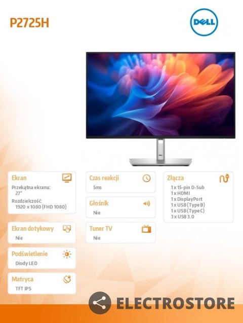 Dell Monitor 27 cali P2725H IPS LED Full HD(1920x1080)/16:9/HDMI/DP/USB-C/VGA/USB/5Y Dell Monitor 27 cali P2725H IPS LED Full HD(1920x1080)/16:9/HDMI/DP/USB-C/VGA/USB/5Y