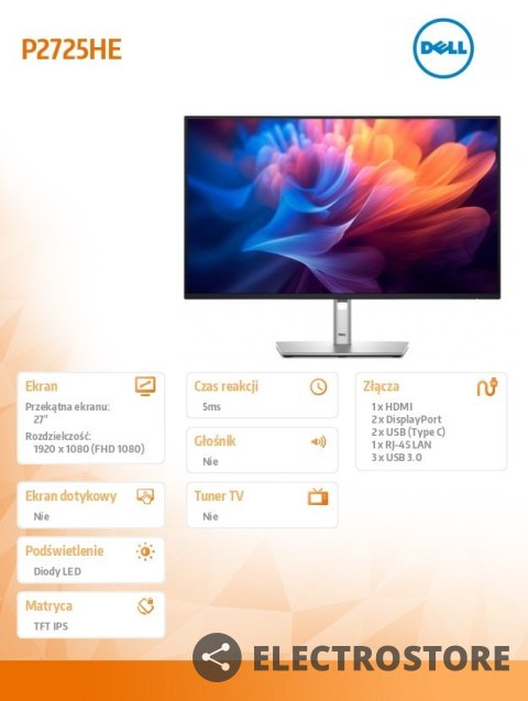Dell Monitor 27 cali P2725HE IPS LED Full HD(1920x1080)/16:9/HDMI/DP/USB-C/USB/RJ45/3Y Dell Monitor 27 cali P2725HE IPS LED Full HD(1920x1080)/16:9/HDMI/DP/USB-C/USB/RJ45/3Y