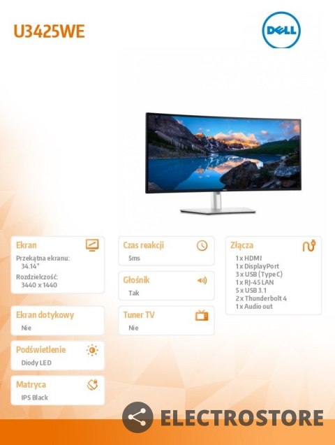 Dell Monitor U3425WE 34.14 cala IPS Black/Curved/120Hz/WQHD/3440x1440/21:9/HDMI/DP/Thunderbolt/USB-C/USB/RJ-45/Speakers/3Y AES&PPG Dell Monitor U3425WE 34.14 cala IPS Black/Curved/120Hz/WQHD/3440x1440/21:9/HDMI/DP/Thunderbolt/USB-C/USB/RJ-45/Speakers/3Y AES&PPG