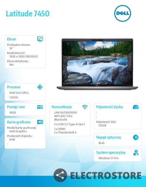 Dell Notebook Latitude 7450 Win11Pro Ultra 5 135U/16GB/512GB SSD Gen4/14.0 FHD+/Int/FgrPr&SmtCd/FHD/IR Cam/Mic/WWANready+BT/Backlit K Dell Notebook Latitude 7450 Win11Pro Ultra 5 135U/16GB/512GB SSD Gen4/14.0 FHD+/Int/FgrPr&SmtCd/FHD/IR Cam/Mic/WWANready+BT/Backlit K