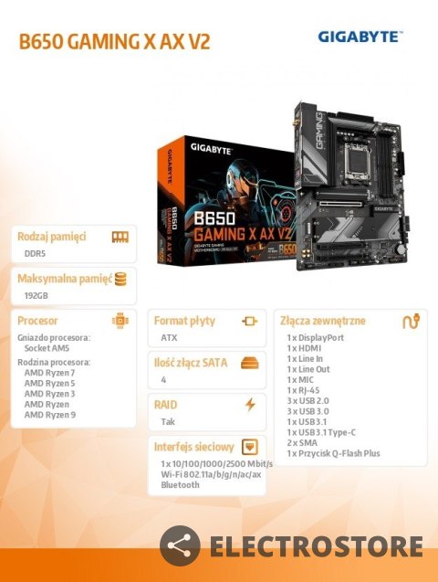 Gigabyte Płyta główna B650 GAMING X AX V2 AM5 4DDR5 HDMI/DP M.2 ATX Gigabyte Płyta główna B650 GAMING X AX V2 AM5 4DDR5 HDMI/DP M.2 ATX