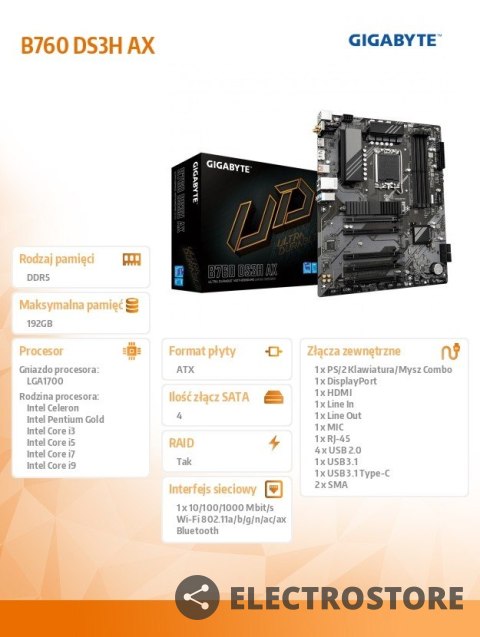 Gigabyte Płyta główna B760 DS3H AX s1700 4DDR5 DP/HDMI ATX Gigabyte Płyta główna B760 DS3H AX s1700 4DDR5 DP/HDMI ATX