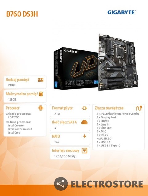Gigabyte Płyta główna B760 DS3H s1700 4DDR5 DP/HDMI ATX Gigabyte Płyta główna B760 DS3H s1700 4DDR5 DP/HDMI ATX