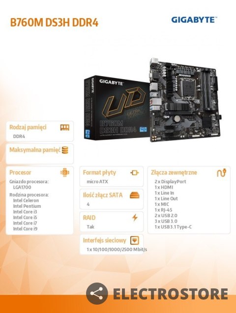 Gigabyte Płyta główna B760M DS3H DDR4 s1700 DDR4 2DP/HDMI mATX Gigabyte Płyta główna B760M DS3H DDR4 s1700 DDR4 2DP/HDMI mATX