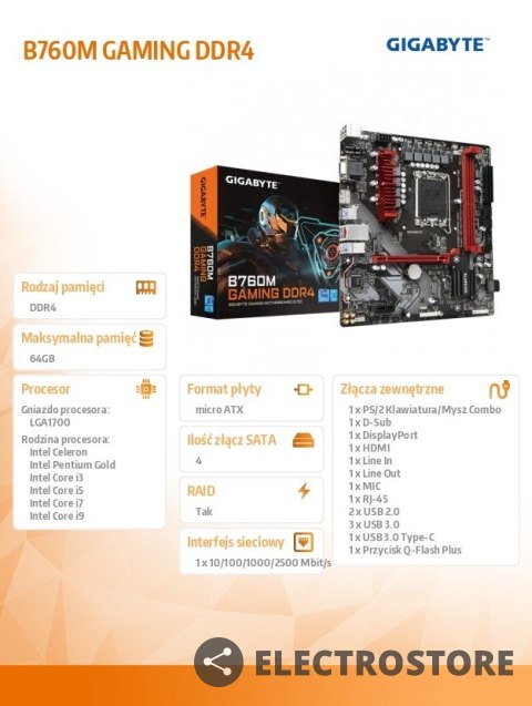 Gigabyte Płyta główna B760M GAMING DDR4 s1700 2DDR4 DP/HDMI mATX Gigabyte Płyta główna B760M GAMING DDR4 s1700 2DDR4 DP/HDMI mATX