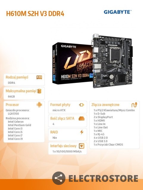Gigabyte Płyta główna H610M S2H V3 DDR4 s1700 2DDR4 DP/HDMI M.2 mATX Gigabyte Płyta główna H610M S2H V3 DDR4 s1700 2DDR4 DP/HDMI M.2 mATX