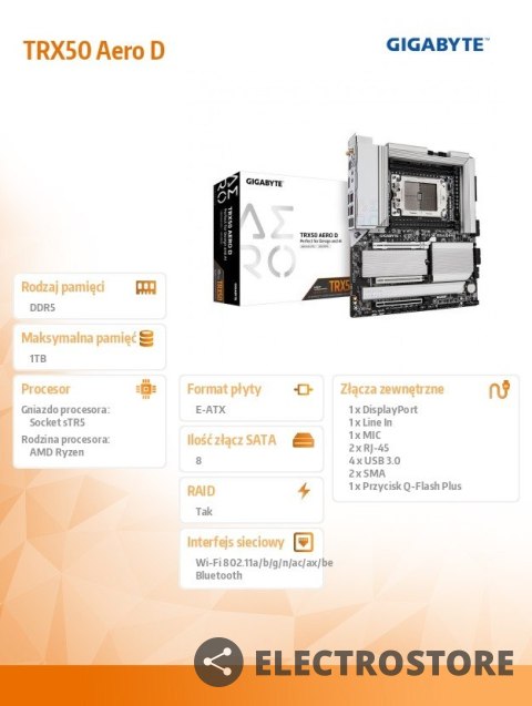 Gigabyte Płyta główna TRX50 AERO D sTR5 4DDR5 HDMI USB/4M.2 eATX Gigabyte Płyta główna TRX50 AERO D sTR5 4DDR5 HDMI USB/4M.2 eATX