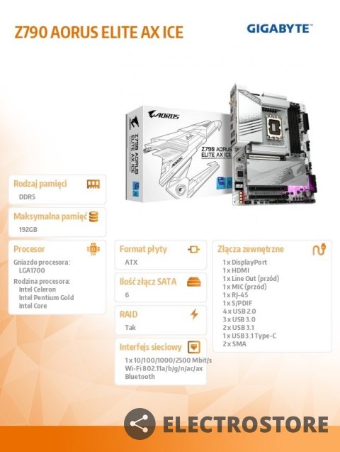 Gigabyte Płyta główna Z790 AORUS ELITE AX ICE S1700 4DDR5 USB/DP ATX Gigabyte Płyta główna Z790 AORUS ELITE AX ICE S1700 4DDR5 USB/DP ATX