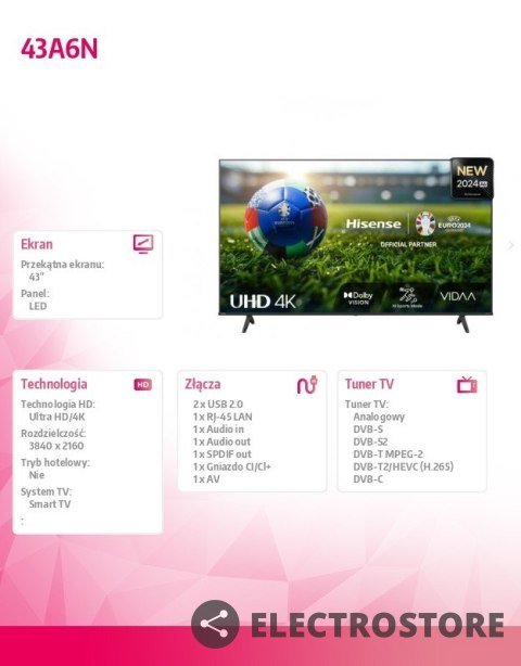 Hisense Telewizor LED 43 cale 43A6N Hisense Telewizor LED 43 cale 43A6N