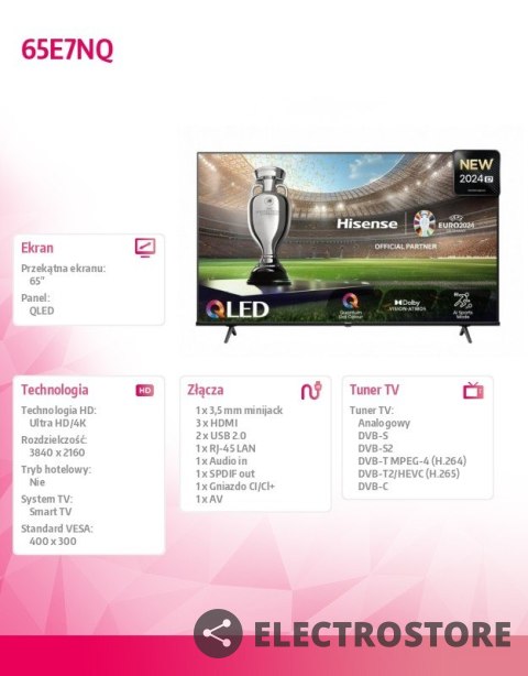 Hisense Telewizor QLED 65 cali 65E7NQ Hisense Telewizor QLED 65 cali 65E7NQ