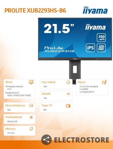 IIYAMA Monitor 22 cale XUB2293HS-B6 IPS,HDMI,DP,HAS(150mm) IIYAMA Monitor 22 cale XUB2293HS-B6 IPS,HDMI,DP,HAS(150mm)