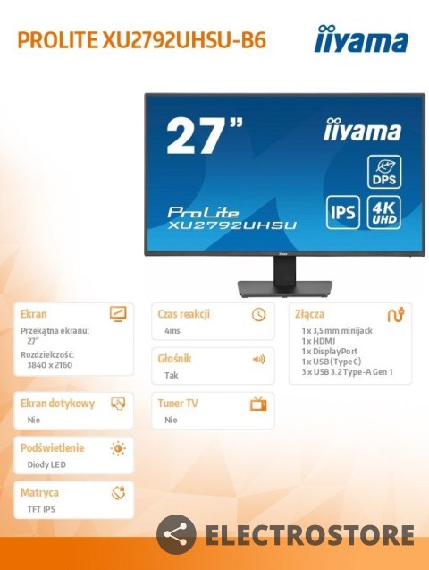 IIYAMA Monitor 27 cali XU2792UHSU-B6 4K,IPS,DP,HDMI,USB-C Power delivery, 350 cd, DPS IIYAMA Monitor 27 cali XU2792UHSU-B6 4K,IPS,DP,HDMI,USB-C Power delivery, 350 cd, DPS