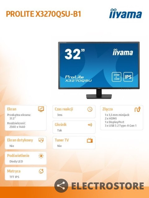 IIYAMA Monitor 32 cale X3270QSU-B1 IPS,WQHD,HDMI,DP,100Hz,250cd,3ms,2x2W, 3xUSB(3.2),FlickerFree,VESA IIYAMA Monitor 32 cale X3270QSU-B1 IPS,WQHD,HDMI,DP,100Hz,250cd,3ms,2x2W, 3xUSB(3.2),FlickerFree,VESA