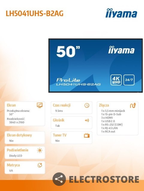 IIYAMA Monitor 50 cali LH5041UHS-B2 VA,4K,24/7,LAN,USB,HDMI IIYAMA Monitor 50 cali LH5041UHS-B2 VA,4K,24/7,LAN,USB,HDMI