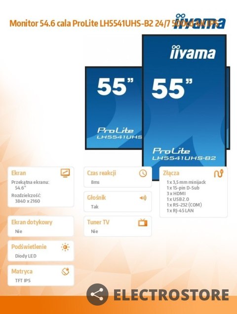 IIYAMA Monitor 54.6 cala ProLite LH5541UHS-B2 24/7 500cd 4K IPS IIYAMA Monitor 54.6 cala ProLite LH5541UHS-B2 24/7 500cd 4K IPS
