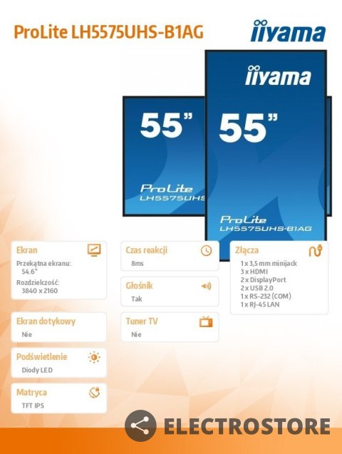 IIYAMA Monitor 54.6 cali ProLite LH5575UHS-B1AG 24/7,IPS,ANDROID.11,4K,500cd/m2,WiFi,3xHDMI,DP,Daisy/Chain,2xUSB,2x10W,RJ45,iiSignage2, IIYAMA Monitor 54.6 cali ProLite LH5575UHS-B1AG 24/7,IPS,ANDROID.11,4K,500cd/m2,WiFi,3xHDMI,DP,Daisy/Chain,2xUSB,2x10W,RJ45,iiSignage2,
