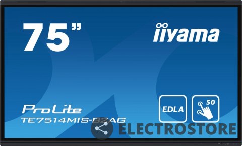 IIYAMA Monitor interaktywny 75 cali TE7514MIS-B2, INFRARED,50pkt,VA,4K,7H,WiFi,MIC,USB ANDROID 13, Google EDLA