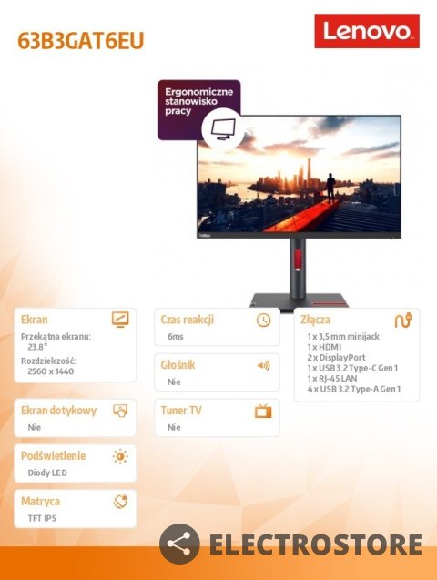 Lenovo Monitor 23.8 cali ThinkVision P24h-30 WLED LCD 63B3GAT6EU Lenovo Monitor 23.8 cali ThinkVision P24h-30 WLED LCD 63B3GAT6EU