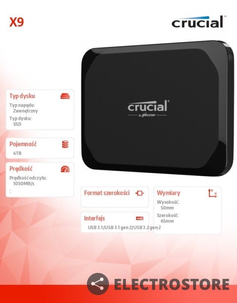 Crucial Dysk SSD X9 4TB USB-C 3.2 Gen2 Crucial Dysk SSD X9 4TB USB-C 3.2 Gen2