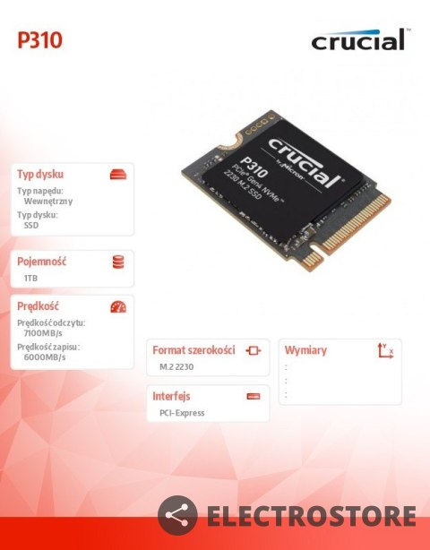 Crucial Dysk SSD P310 1TB M.2 NVMe 2230 PCIe 4.0 7100/6000 Crucial Dysk SSD P310 1TB M.2 NVMe 2230 PCIe 4.0 7100/6000