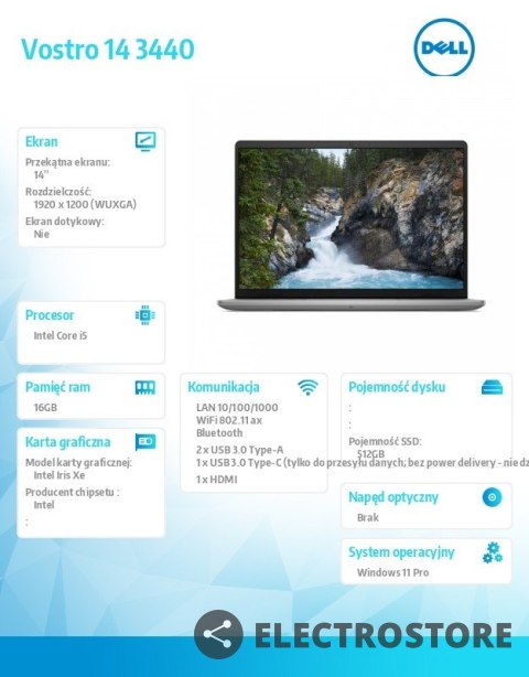 Dell Notebook Vostro 14 (3440) Win11Pro i5-1334U/16GB/512GB SSD/14.0 FHD+/Intel Iris Xe/FgrPr/Cam & Mic/WLAN + BT/Backlit Kb/3 Cell/3 Dell Notebook Vostro 14 (3440) Win11Pro i5-1334U/16GB/512GB SSD/14.0 FHD+/Intel Iris Xe/FgrPr/Cam & Mic/WLAN + BT/Backlit Kb/3 Cell/3