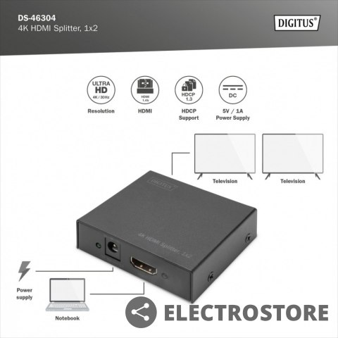 Digitus Rozdzielacz/Splitter HDMI 2-portowy, 4K 30Hz UHD 3D, HDCP 1.3, audio Digitus Rozdzielacz/Splitter HDMI 2-portowy, 4K 30Hz UHD 3D, HDCP 1.3, audio