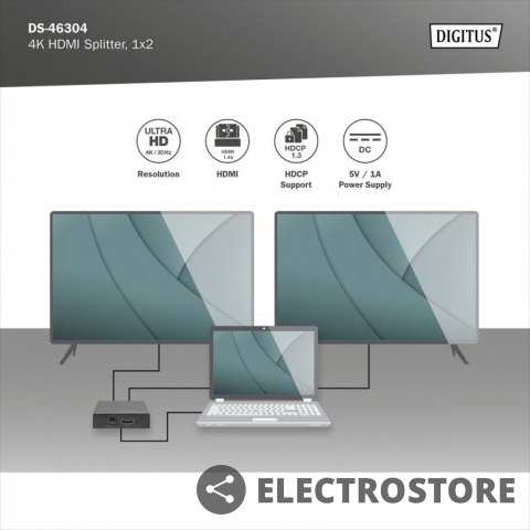 Digitus Rozdzielacz/Splitter HDMI 2-portowy, 4K 30Hz UHD 3D, HDCP 1.3, audio Digitus Rozdzielacz/Splitter HDMI 2-portowy, 4K 30Hz UHD 3D, HDCP 1.3, audio
