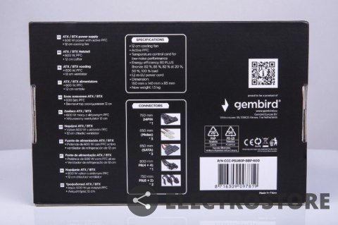 Gembird Zasilacz ATX 80+Bronze 600W aktywne PFC, 12cm wentylator Gembird Zasilacz ATX 80+Bronze 600W aktywne PFC, 12cm wentylator