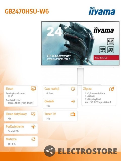 IIYAMA Monitor 24 cale GB2470HSU-W6 0.2ms, IPS, DP, HDMI, 180Hz, 300cd IIYAMA Monitor 24 cale GB2470HSU-W6 0.2ms, IPS, DP, HDMI, 180Hz, 300cd