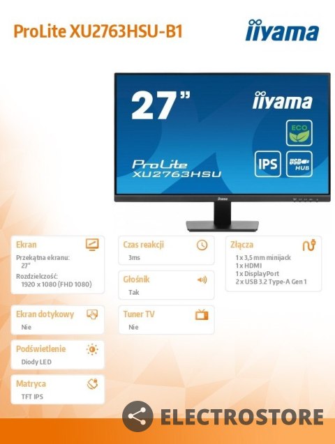 IIYAMA Monitor 27 cali ProLite XU2763HSU-B1 IPS,100HZ,ECO,3ms,SLIM,HDMI,DP,2x USB3.2 TCO,EPEAT IIYAMA Monitor 27 cali ProLite XU2763HSU-B1 IPS,100HZ,ECO,3ms,SLIM,HDMI,DP,2x USB3.2 TCO,EPEAT