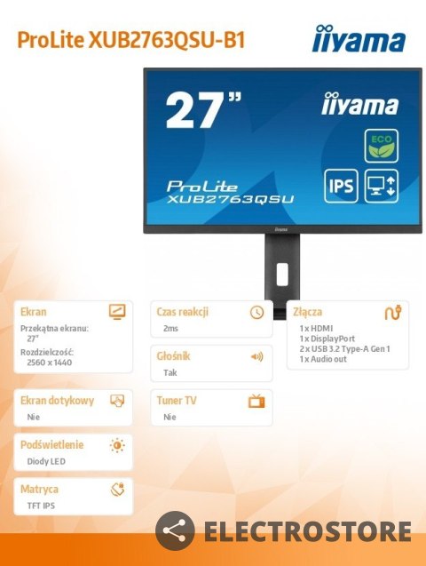 IIYAMA Monitor 27 cali ProLite XUB2763QSU-B1 IPS,QHD,HAS,100Hz IIYAMA Monitor 27 cali ProLite XUB2763QSU-B1 IPS,QHD,HAS,100Hz