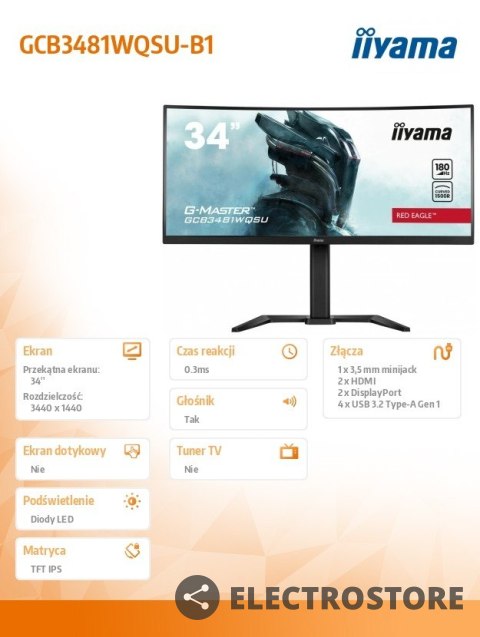 IIYAMA Monitor 34 cale GCB3481WQSU-B1 VA, UWQHD, 180HZ, 0.3ms, 500cd IIYAMA Monitor 34 cale GCB3481WQSU-B1 VA, UWQHD, 180HZ, 0.3ms, 500cd