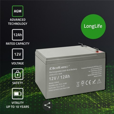 Qoltec Akumulator AGM 12V | 12Ah Qoltec Akumulator AGM 12V | 12Ah