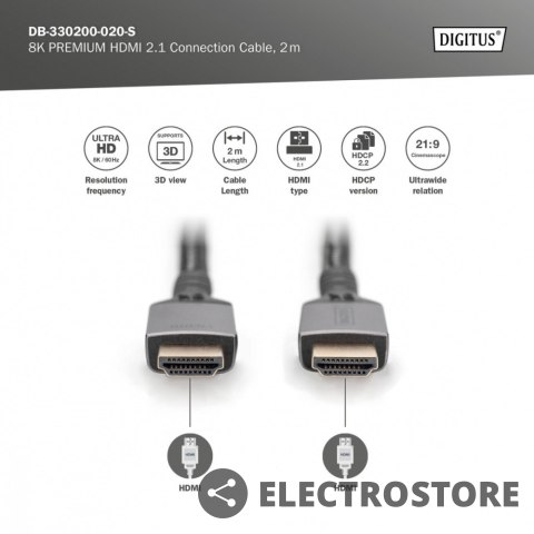 Digitus Kabel Premium połączeniowy HDMI 2.1 Ultra HighSpeed 8K60Hz UHD Typ HDMI A/A M/M 2m Czarny Digitus Kabel Premium połączeniowy HDMI 2.1 Ultra HighSpeed 8K60Hz UHD Typ HDMI A/A M/M 2m Czarny