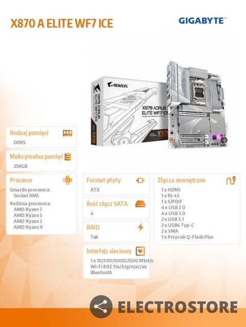 Gigabyte Płyta główna X870 A ELITE WF7 ICE AM 5 4DDR5 HDMI/USB-C ATX Gigabyte Płyta główna X870 A ELITE WF7 ICE AM 5 4DDR5 HDMI/USB-C ATX