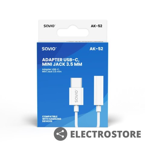Savio Adapter USB-C - Mini Jack 3,5 mm, Samsung, AK-52 Savio Adapter USB-C - Mini Jack 3,5 mm, Samsung, AK-52
