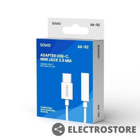 Savio Adapter USB-C - Mini Jack 3,5 mm, Samsung, AK-52 Savio Adapter USB-C - Mini Jack 3,5 mm, Samsung, AK-52