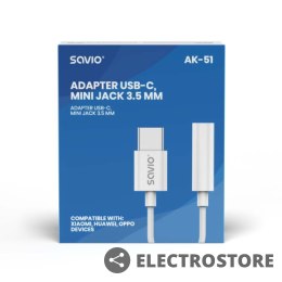 Savio Adapter USB-C - Mini Jack 3,5mm, Xiaomi, Huawei, Oppo, AK-51