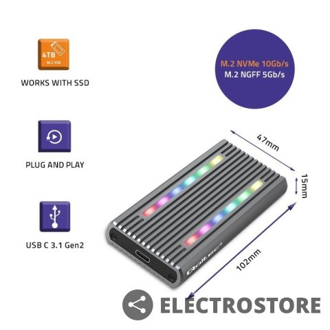 Qoltec Obudowa | kieszeń na dysk M.2 SSD | SATA | NVMe | RGB LED | USB-C| 4TB Qoltec Obudowa | kieszeń na dysk M.2 SSD | SATA | NVMe | RGB LED | USB-C| 4TB